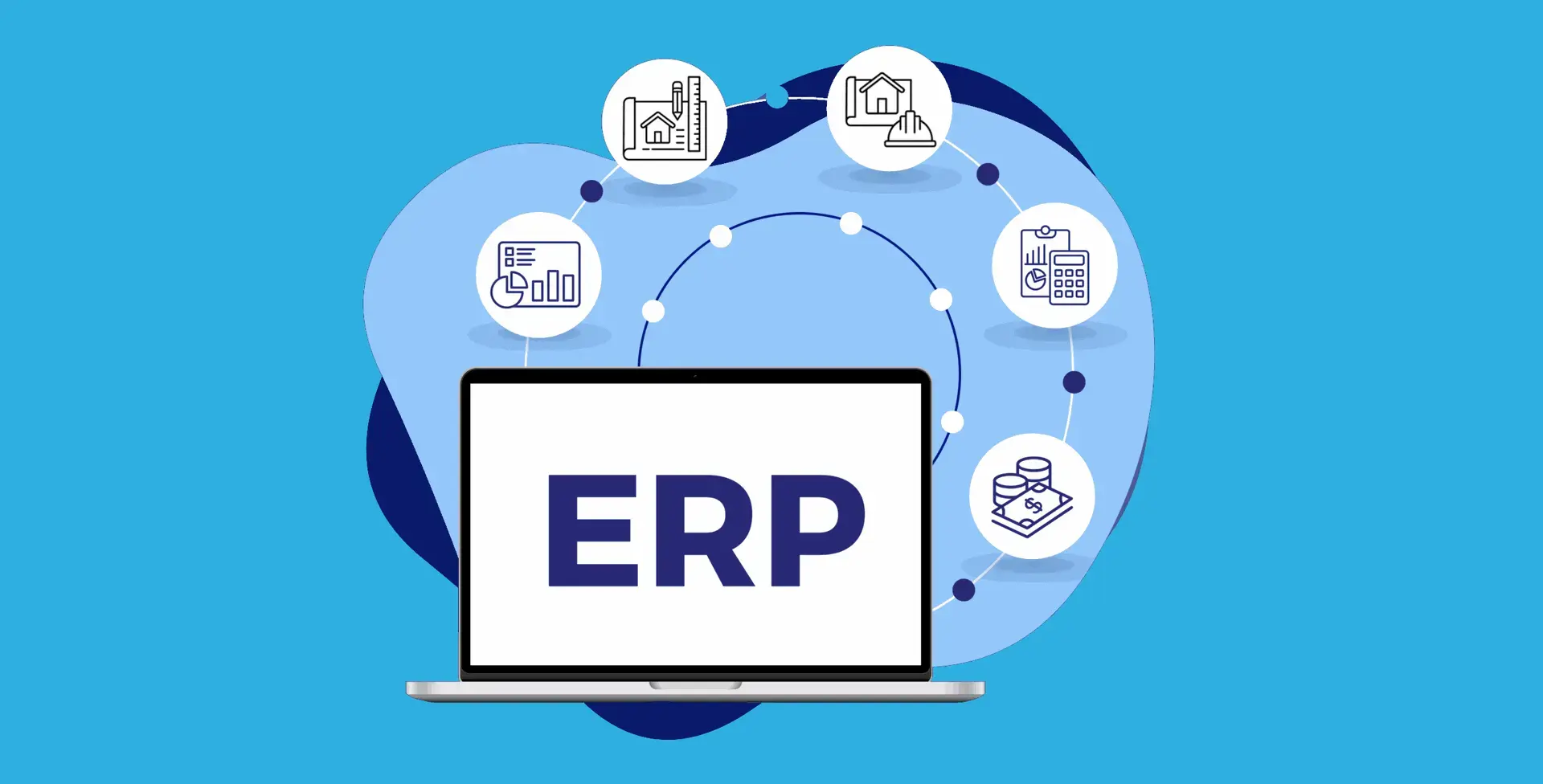 Illustration of a construction ERP connecting quotes, site, accounting and finance
