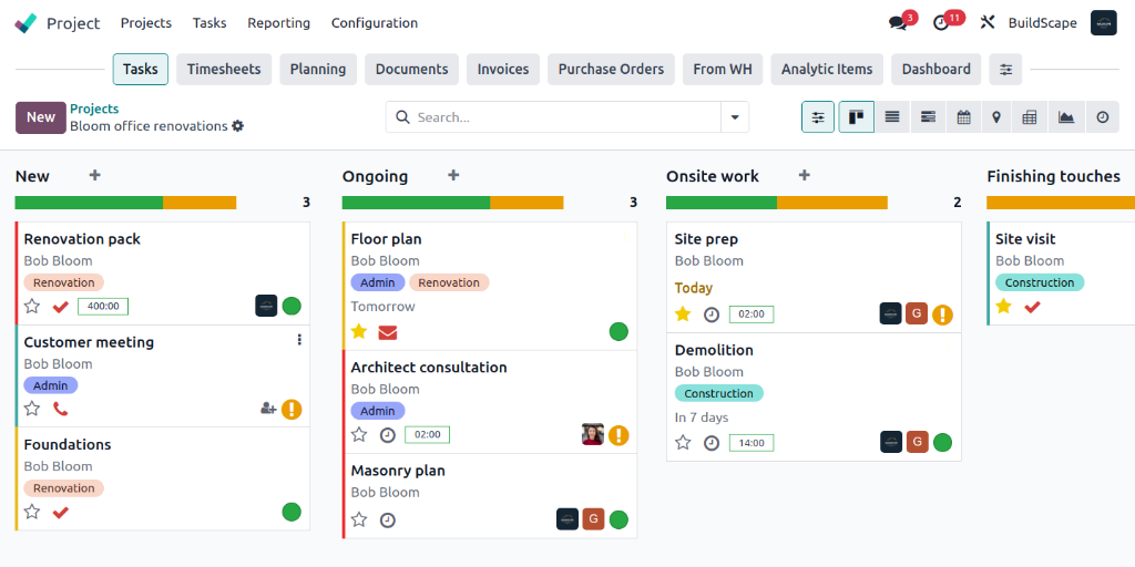 Construction project management in Odoo with analytic tracking and invoicing